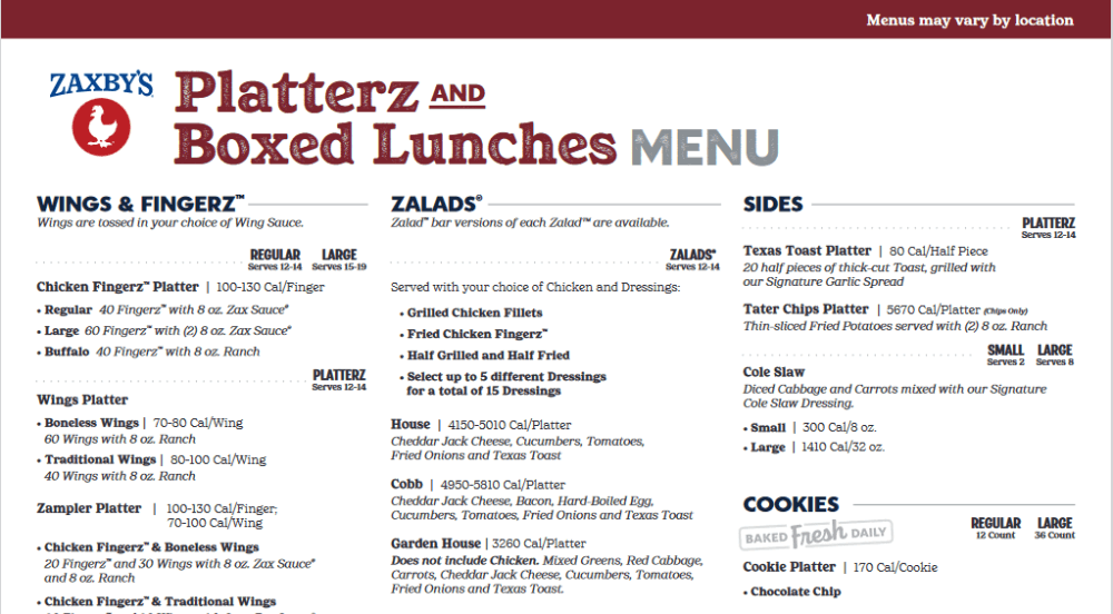 Zaxby's menu for foodies
